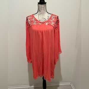 LOVESTITCH Coral red  Floral Lace Trim Dress Size M/L NWOT